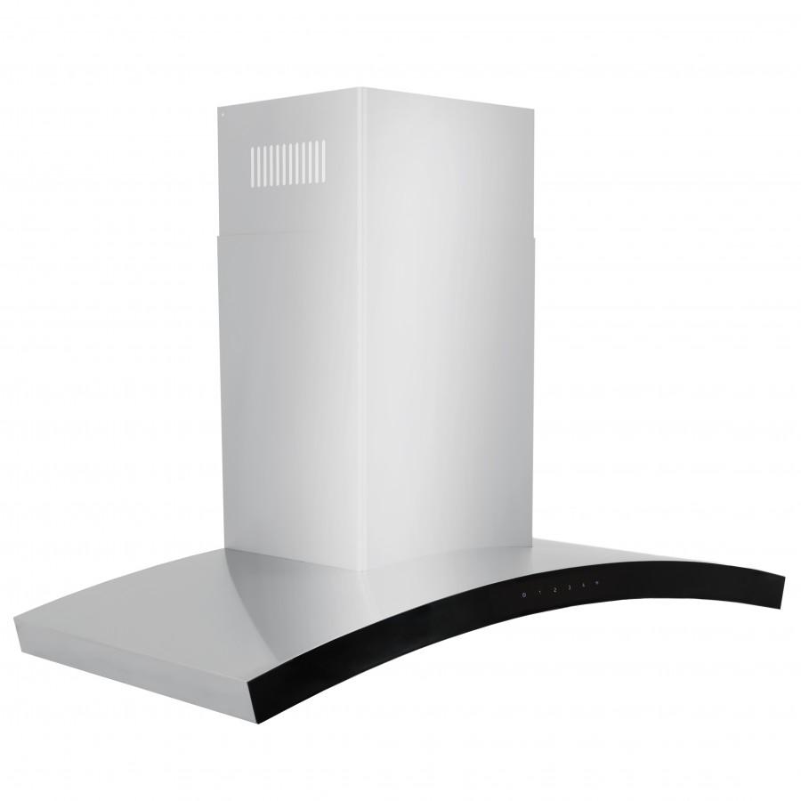 Stainless steel wall mount range hood with curved black chimney trim