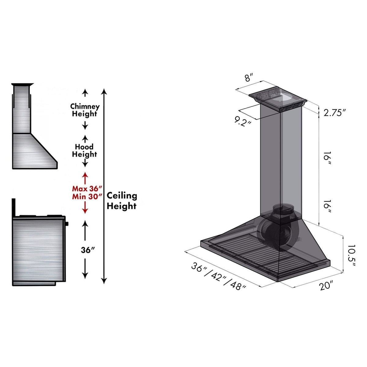 Wall mount range hood size diagram with height and width measurements