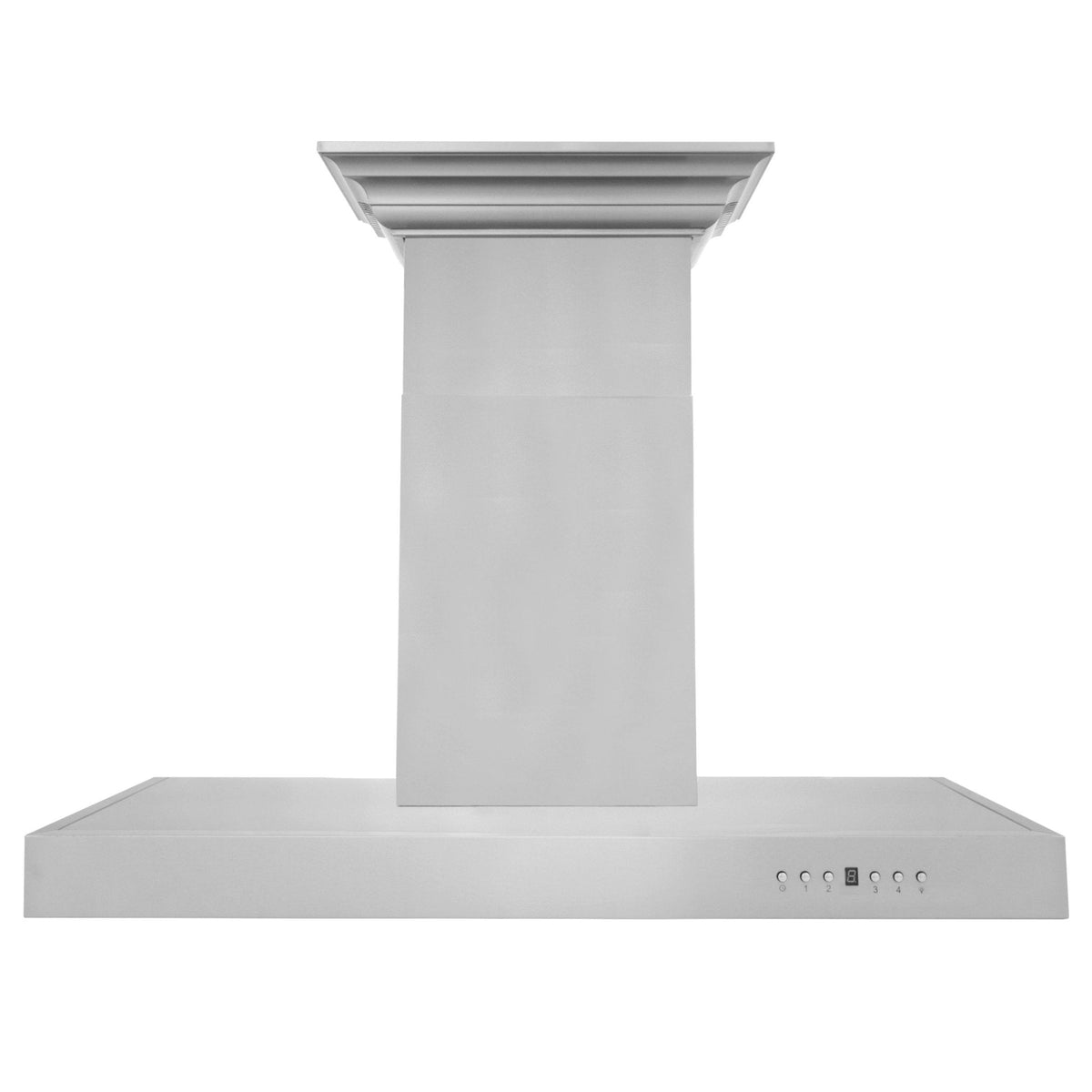 Stainless steel wall-mount range hood with front buttons and chimney column