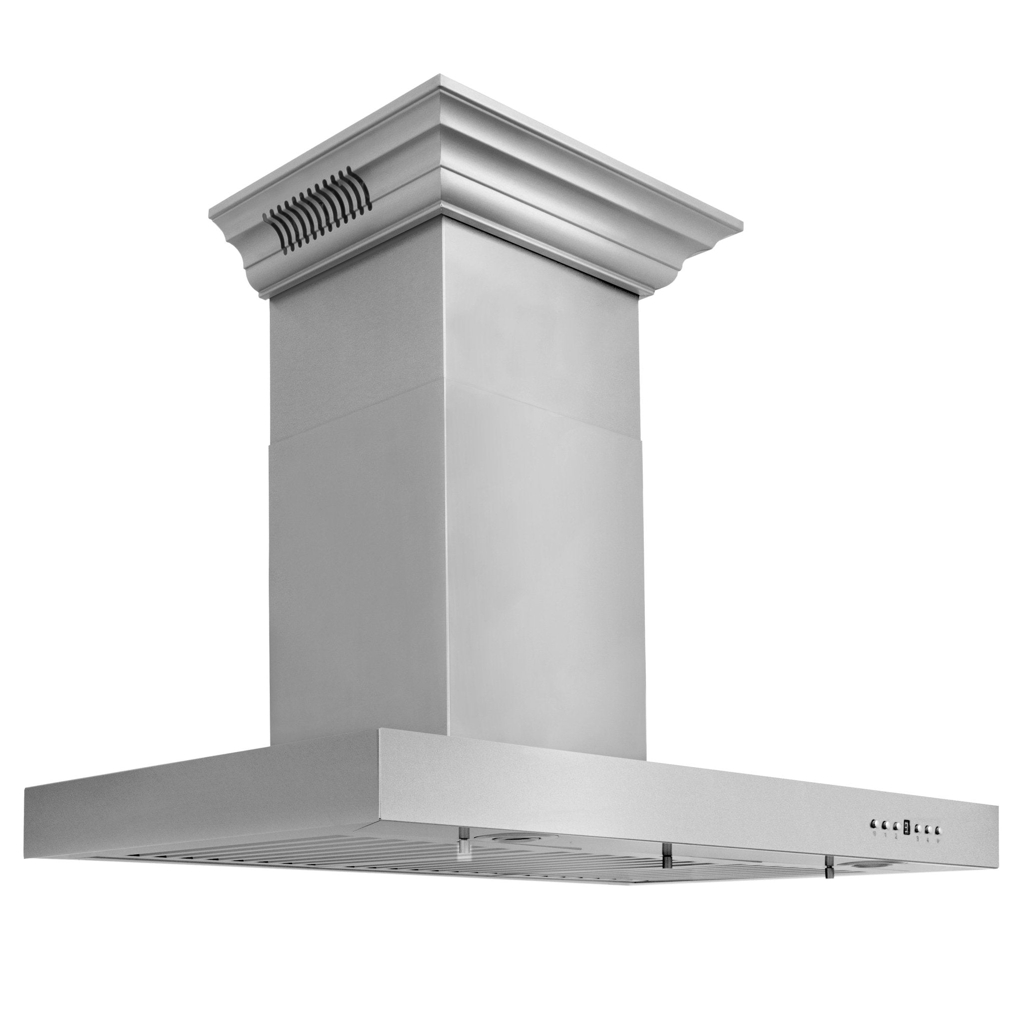 Stainless steel wall-mount range hood chimney with vented underside and control LEDs