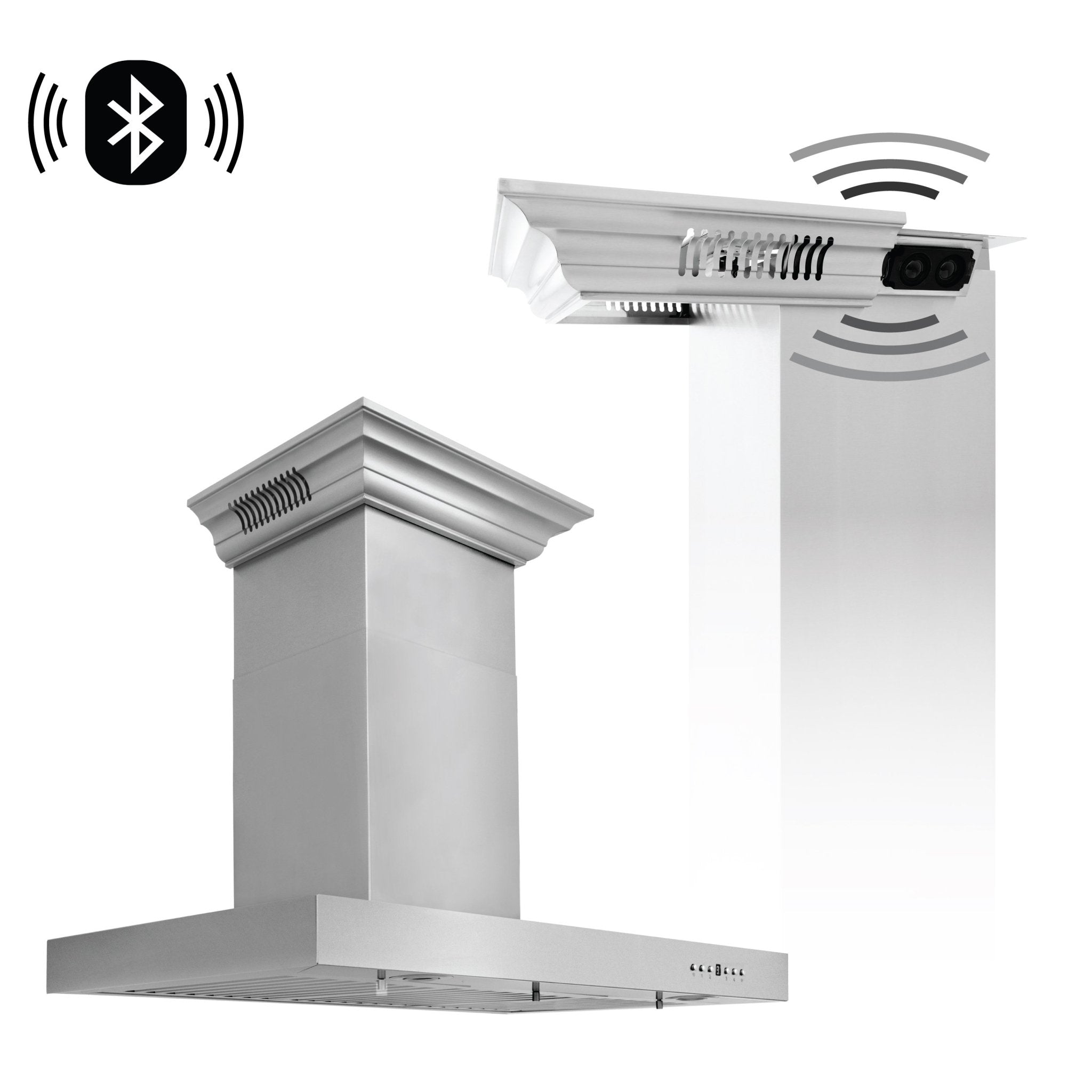 Stainless steel wall-mount range hood with angled chimney and slotted vent panel