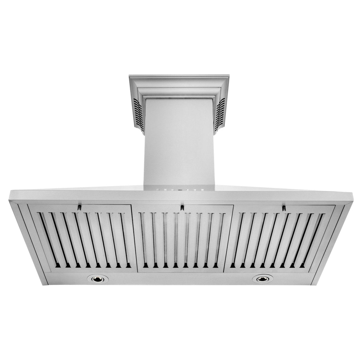 Stainless steel wall-mount range hood with front grille vents and chimney duct