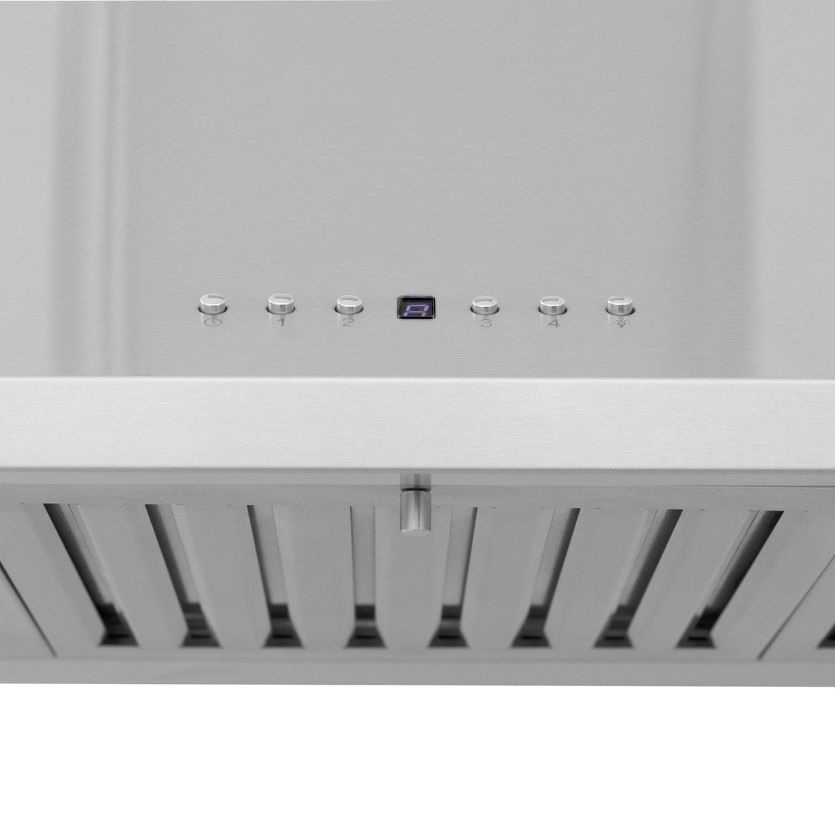 Range hood underside with control buttons and long vent grille