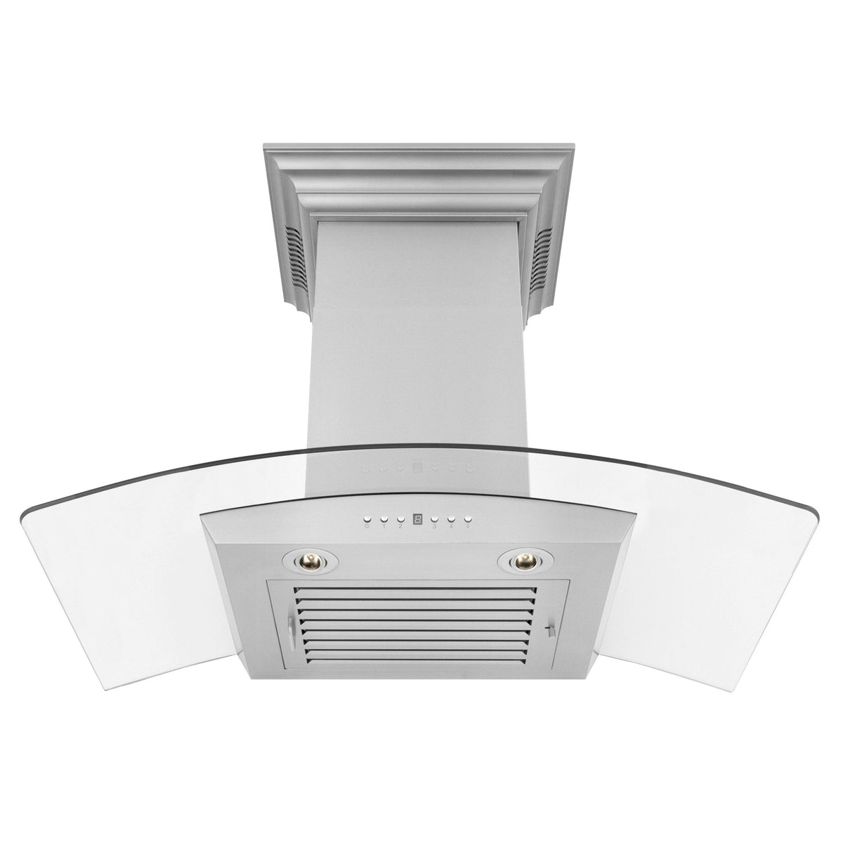 Stainless steel wall-mount range hood underside with two circular filter openings and vent slats
