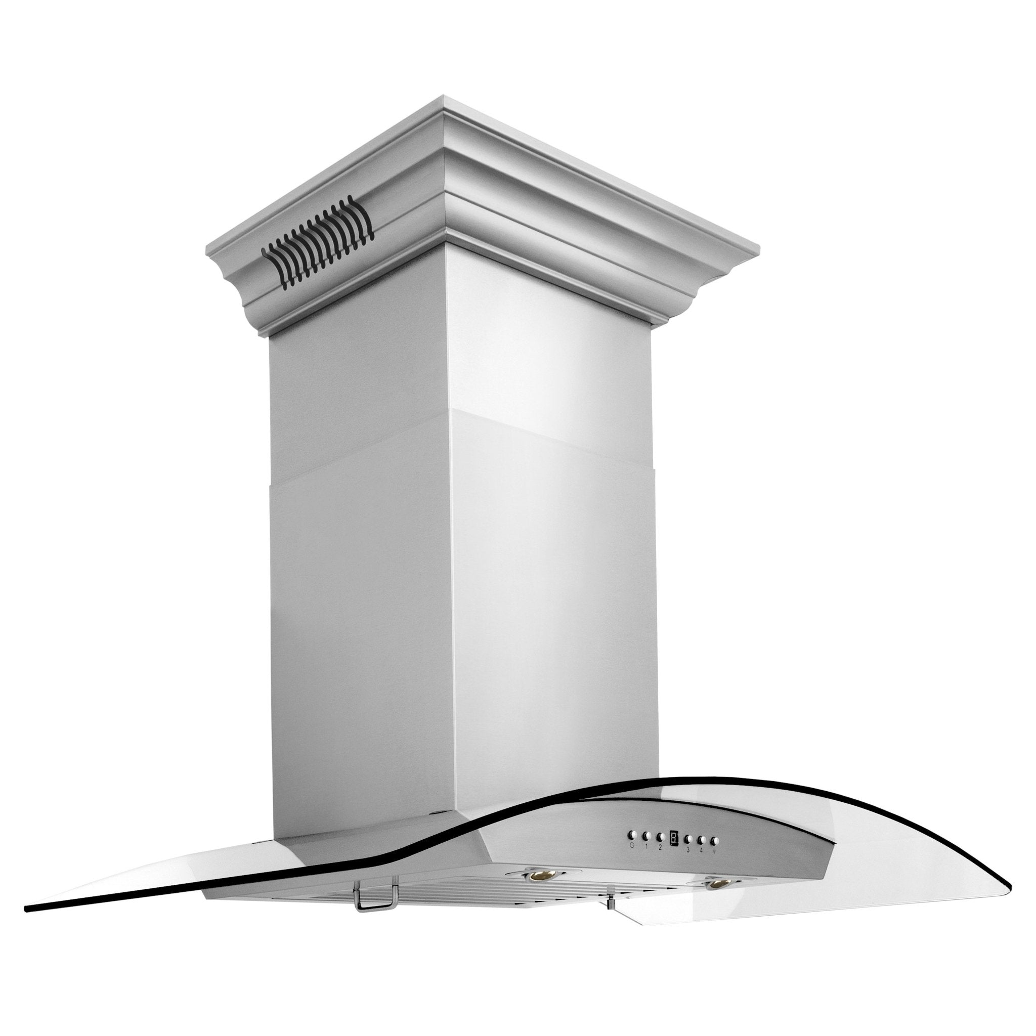 Stainless steel wall-mount range hood chimney with curved canopy and side vent grilles