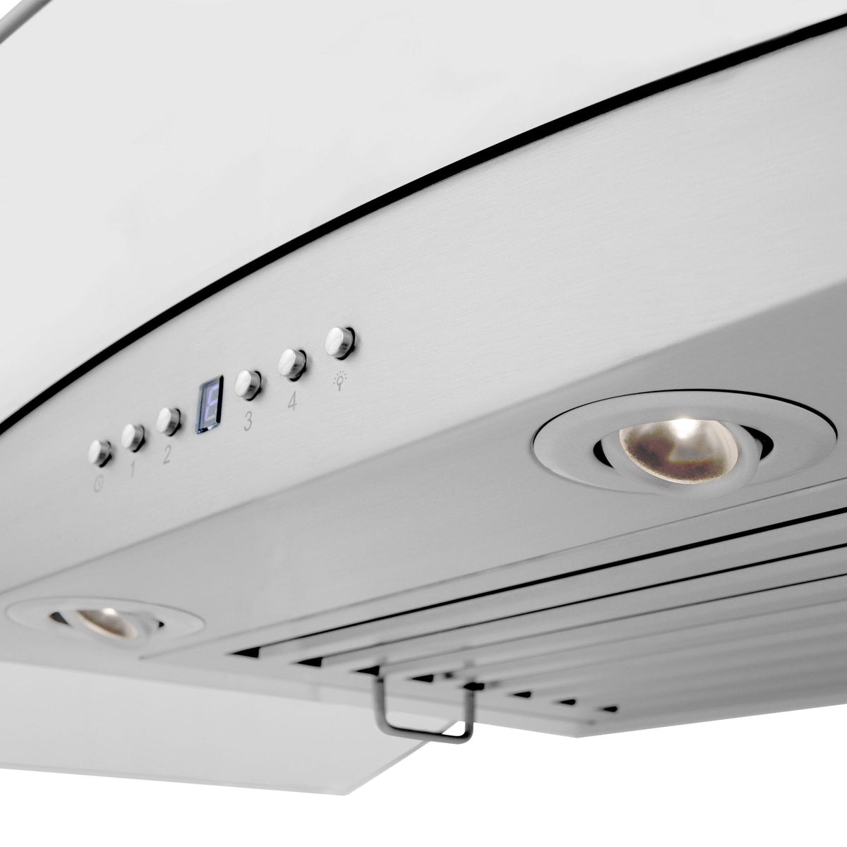 Stainless steel range hood control panel with buttons and two recessed light openings