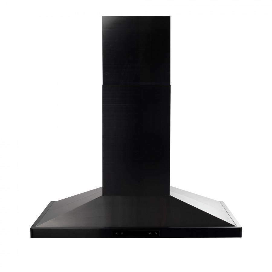 Black stainless steel island range hood chimney and large flat canopy, side view