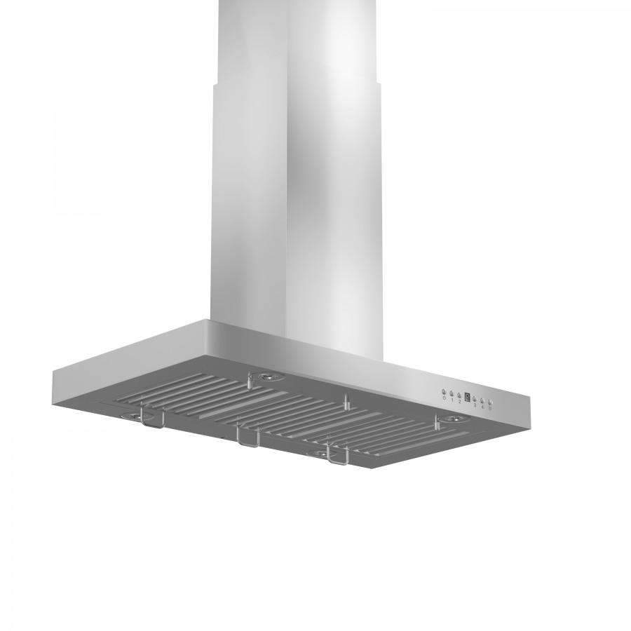 Vented stainless island range hood interior with removable baffle filters