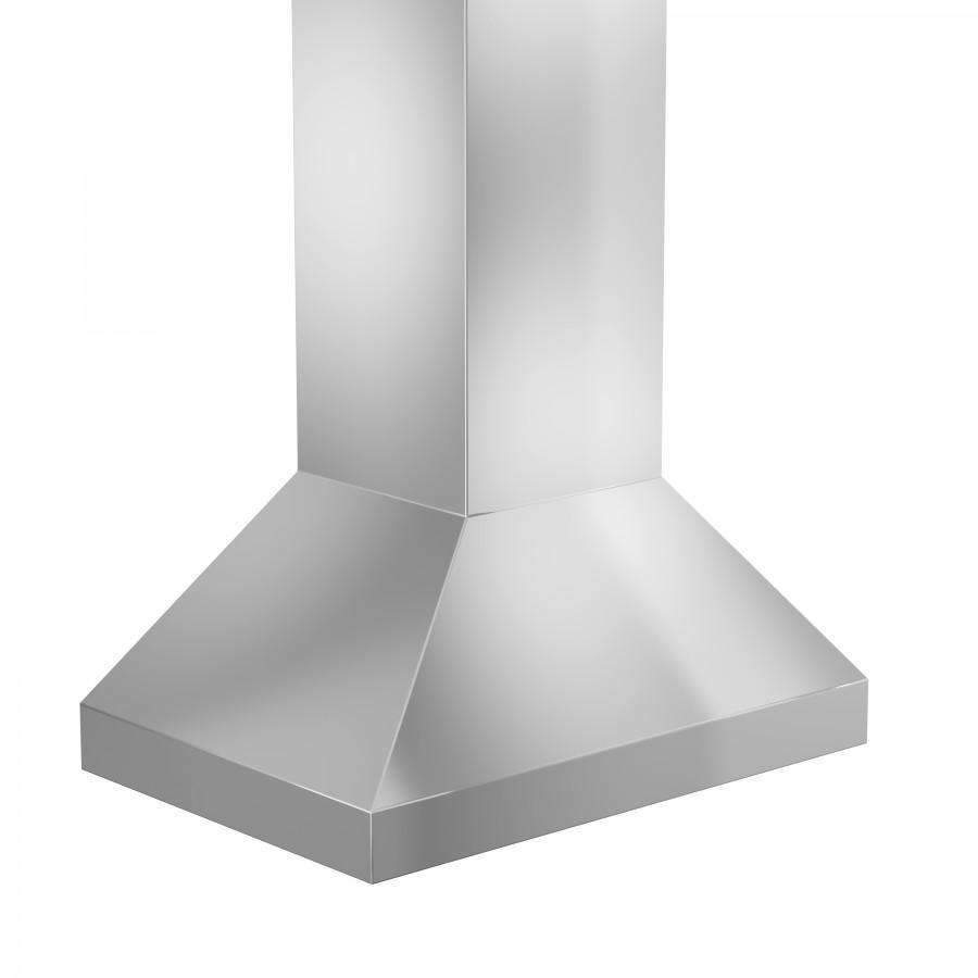 Stainless steel chimney and flared canopy base of an island range hood