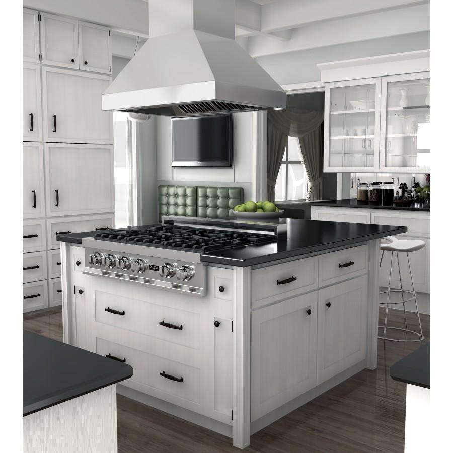 Stainless steel island range hood above gas cooktop with control knobs