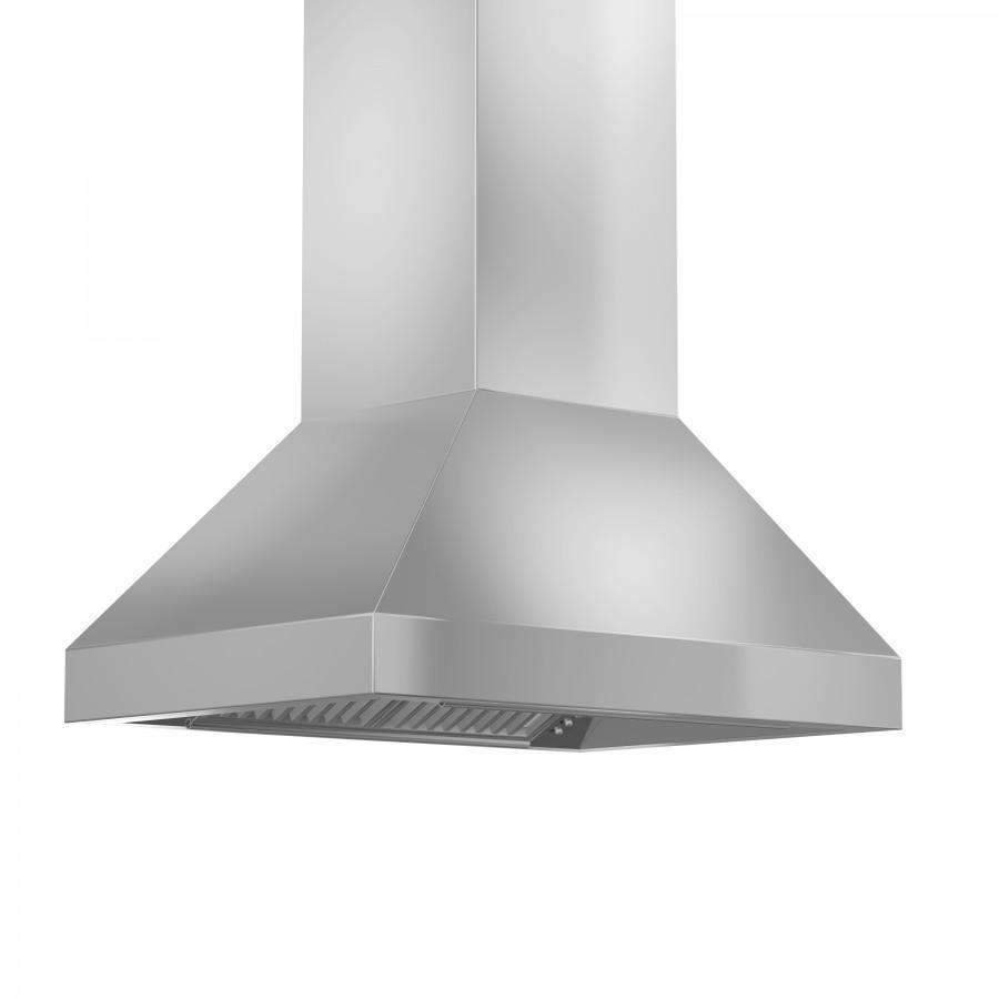 Stainless steel canopy range hood with vent grates and chimney housing