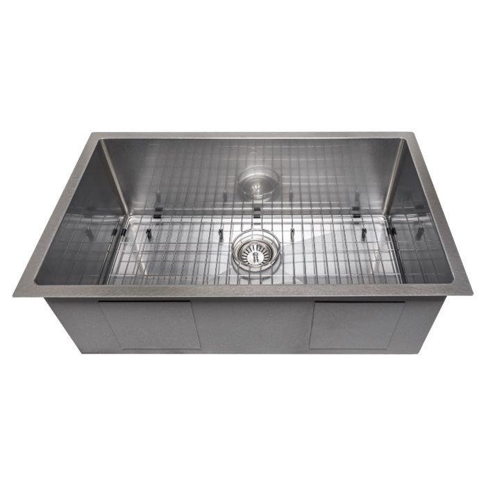 Stainless steel undermount single-bowl kitchen sink with bottom grid and drain