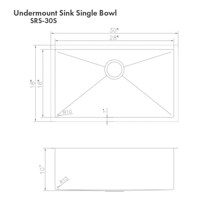 Undermount sink single-bowl SRS-30 dimensions diagram with measurements