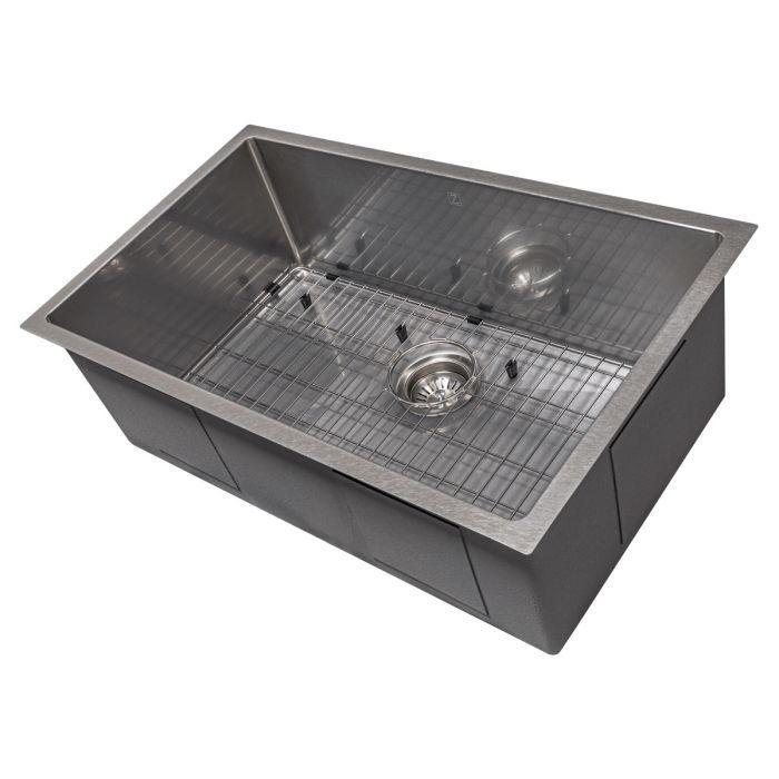 Stainless steel undermount single-bowl kitchen sink with bottom grid and drain