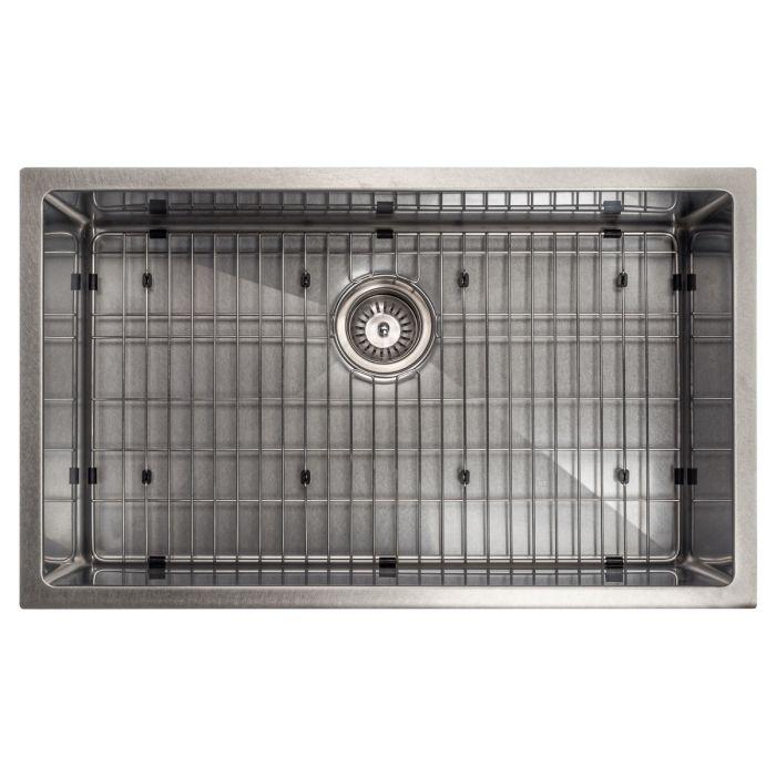 Stainless steel undermount single-bowl kitchen sink with bottom grid and drain