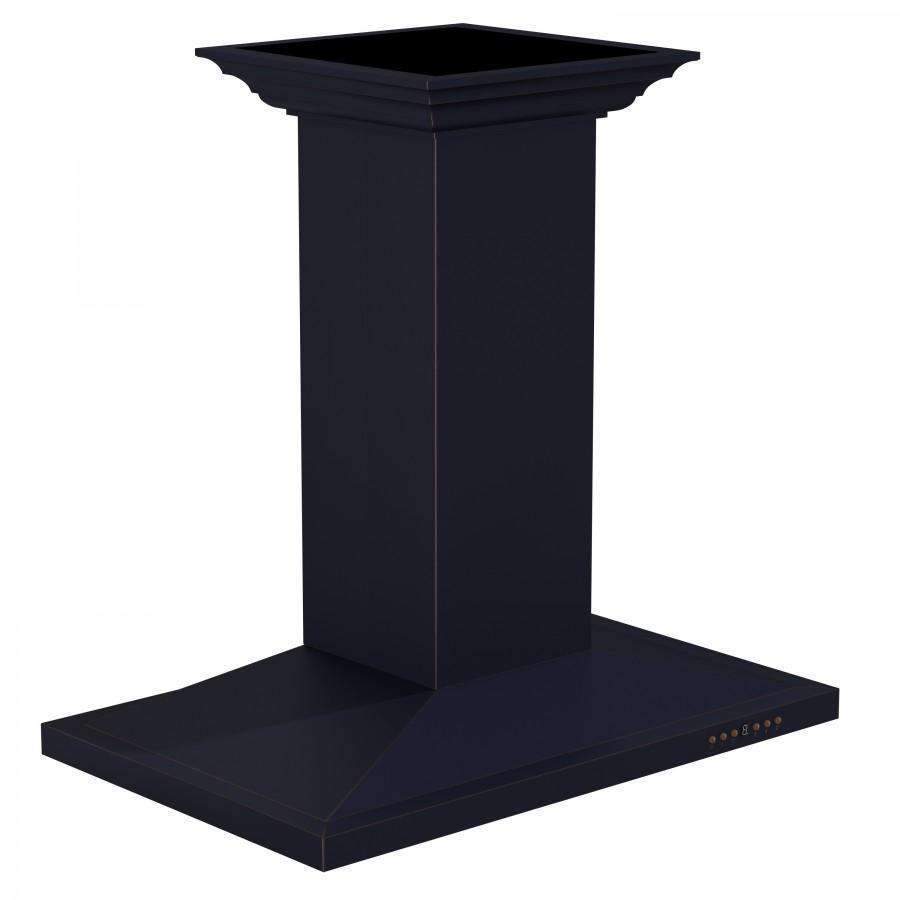 Black island range hood chimney column with flat top vent and control lights