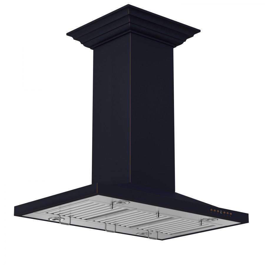 Black island range hood chimney with vented, ribbed filter platform