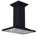 Black island range hood chimney with vented, ribbed filter platform