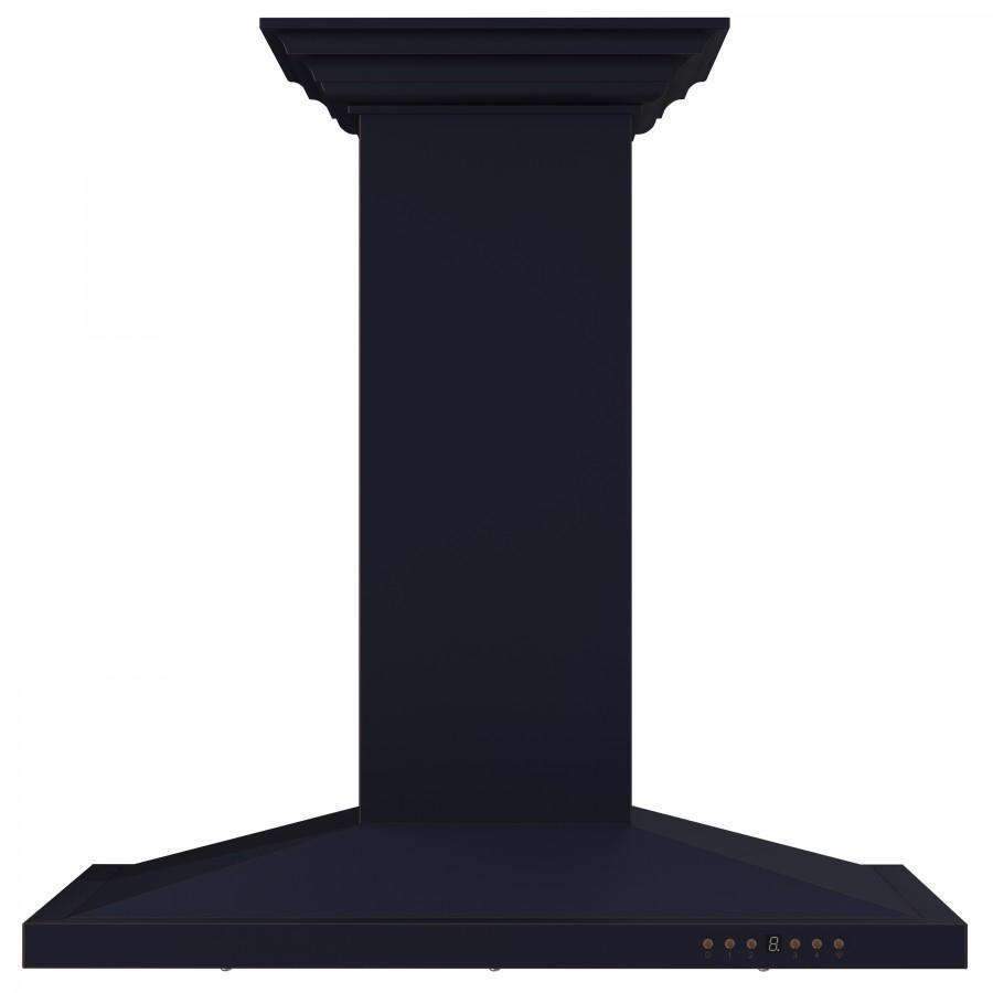 Black island range hood chimney with centered canopy and control panel