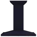 Black island range hood chimney with centered canopy and control panel