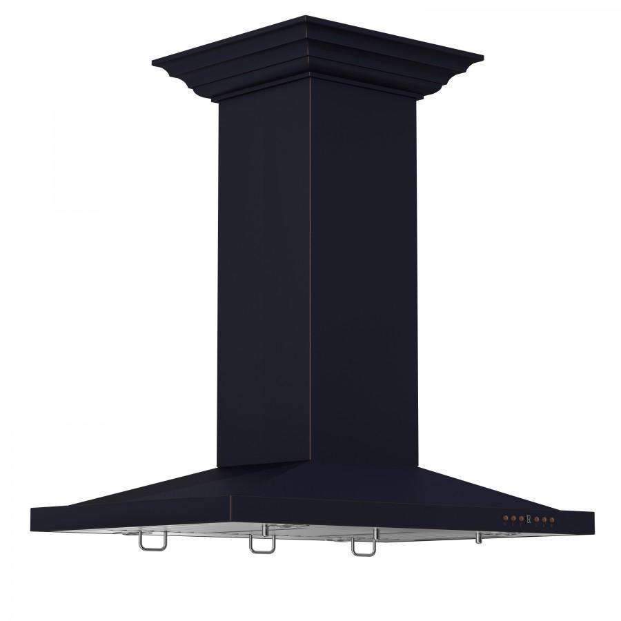 Black island range hood chimney column with wide vented canopy