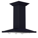 Black island range hood chimney column with wide vented canopy