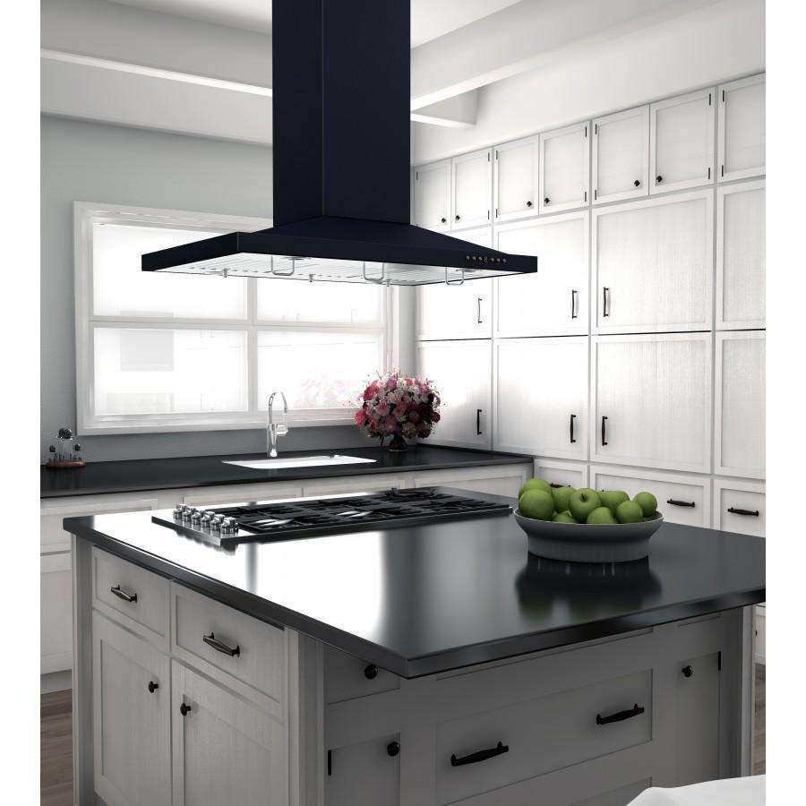 Black island range hood with rectangular canopy above a cooktop