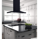 Black island range hood with rectangular canopy above a cooktop
