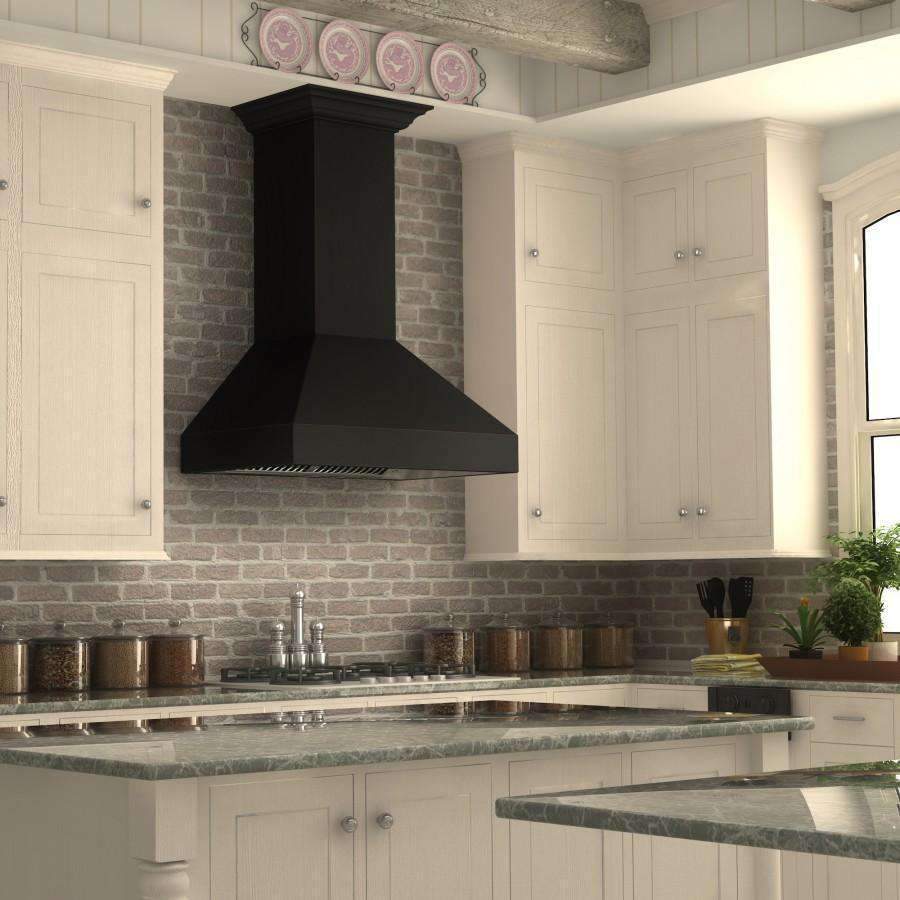 ZLINE wall range hood with tall oil-rubbed bronze chimney and black canopy