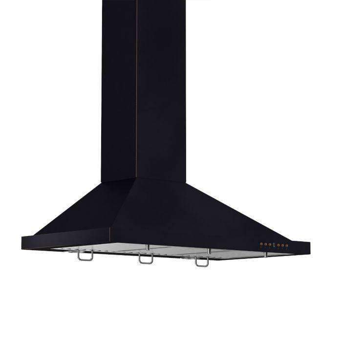 Black wall-mounted range hood with tall chimney and curved, flared vent canopy.