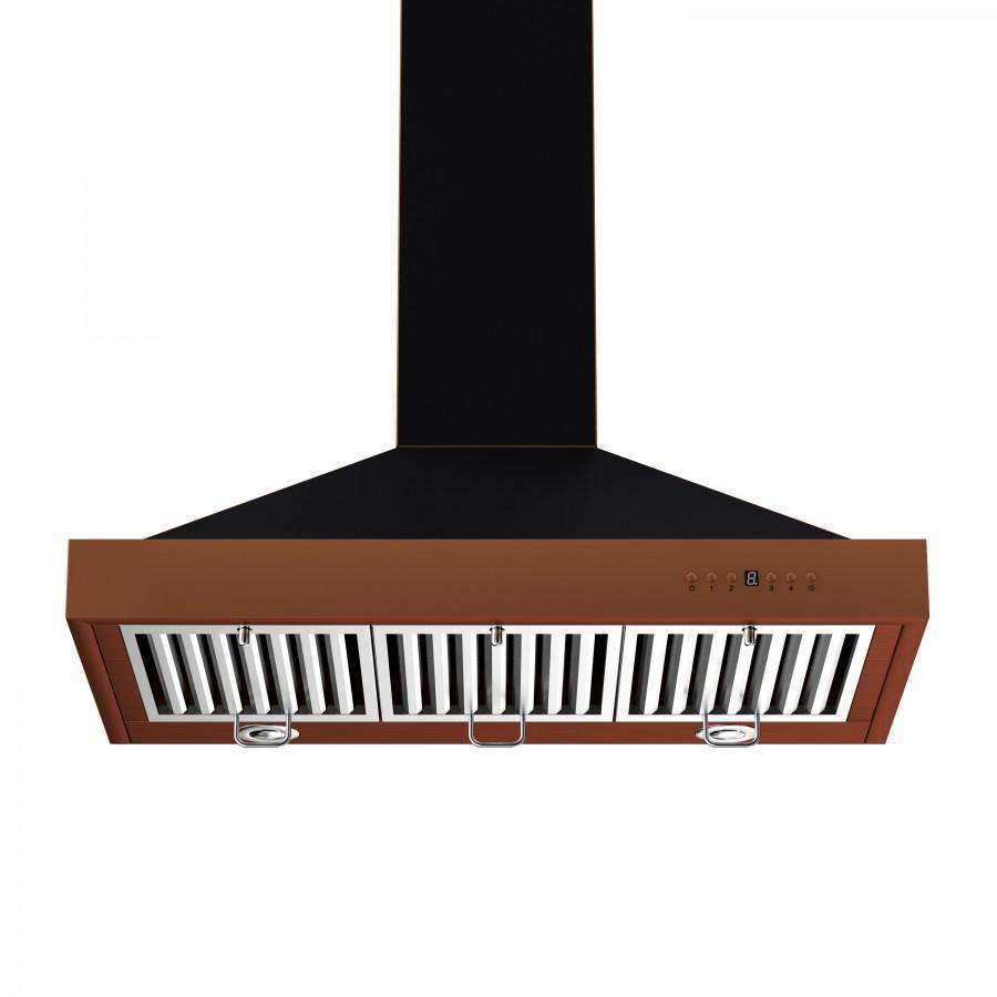 Wall range hood front view with black chimney and oil-rubbed bronze canopy with controls