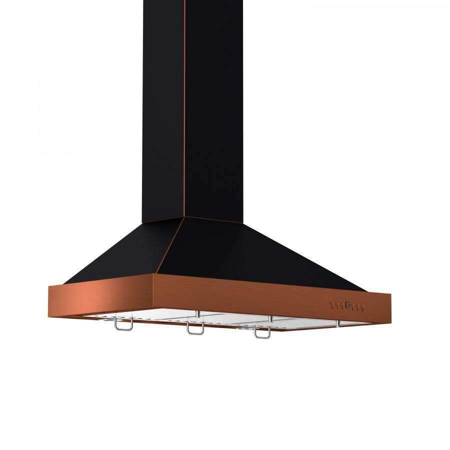 Wall range hood angled view showing black chimney and oil-rubbed bronze canopy with vents