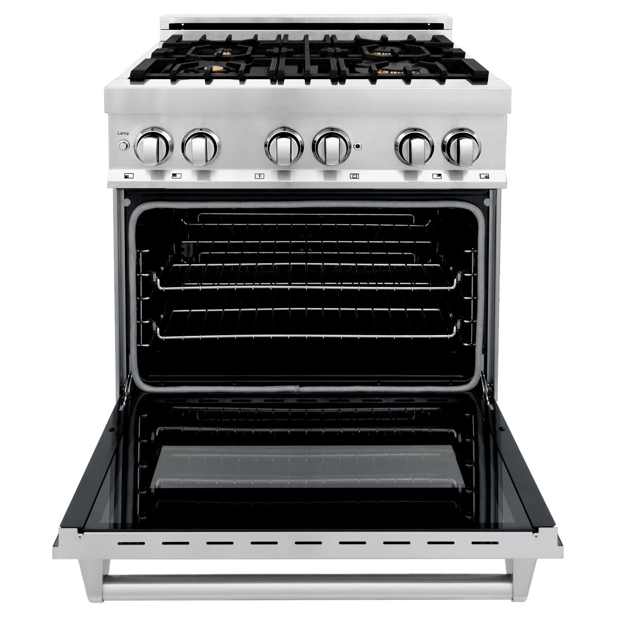 Stainless dual fuel range with open electric oven door and black burner grates
