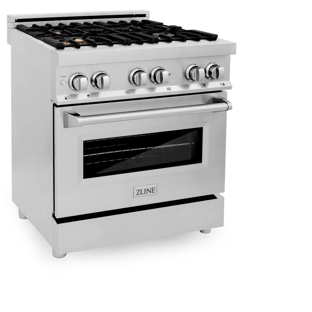 Stainless dual-fuel range with 4 gas burners and closed electric oven door, silver handle
