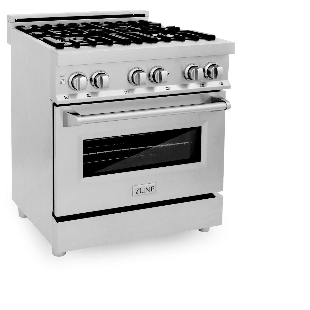 Stainless dual-fuel range with 4 gas burners and closed electric oven door, front controls