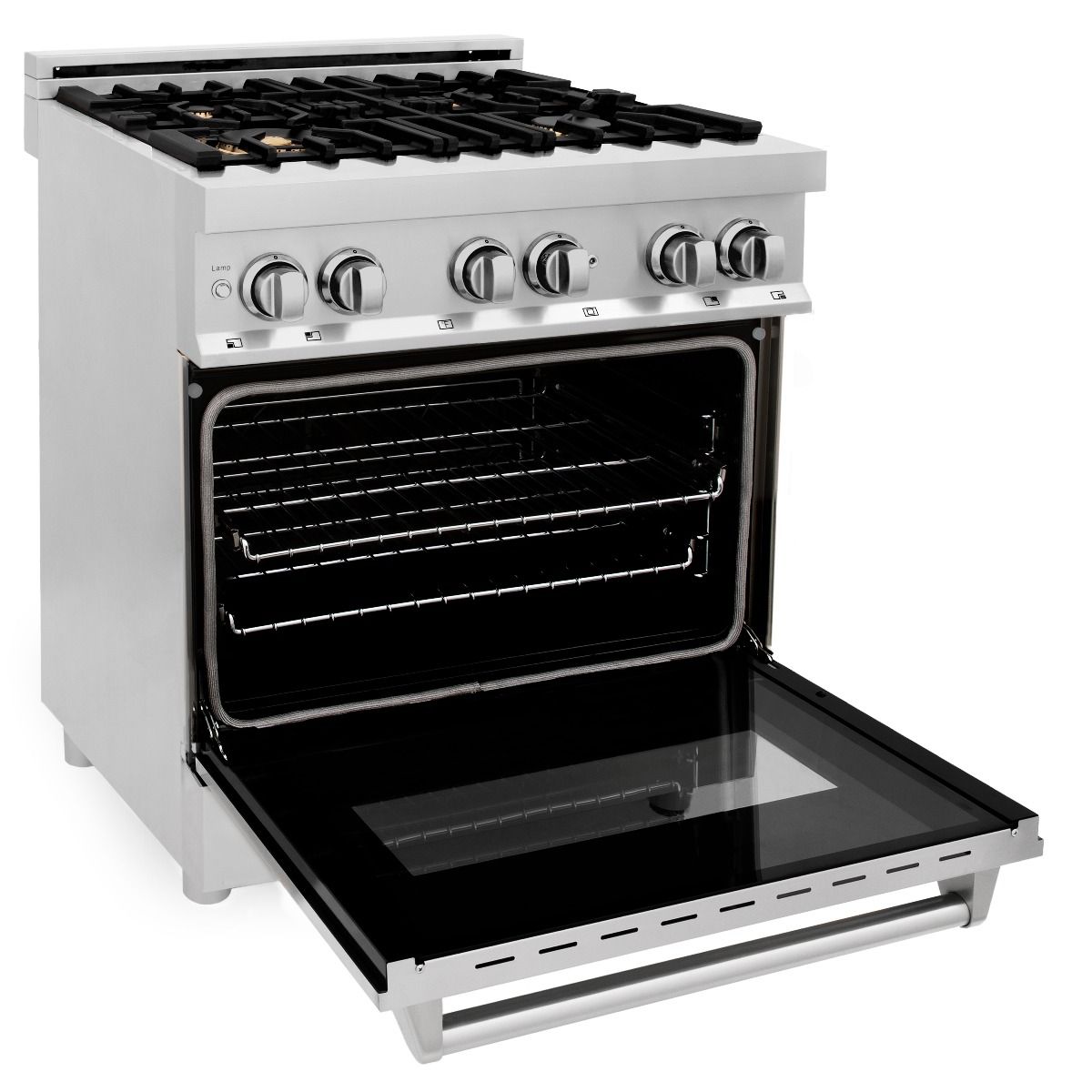Stainless dual-fuel range with 4 gas burners, open electric oven door and interior racks