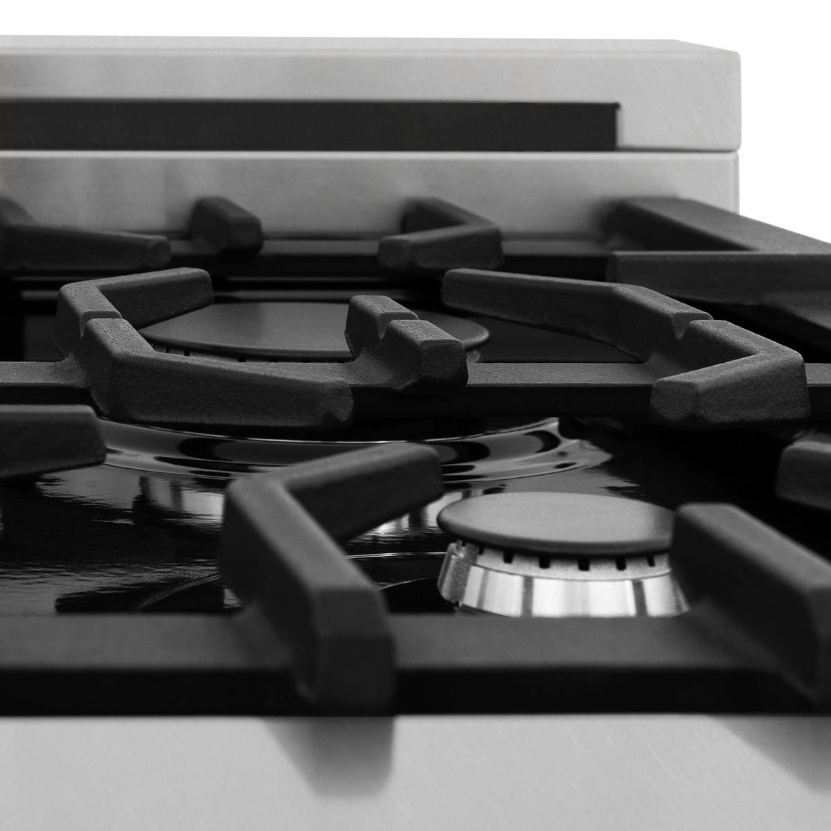 Stainless dual fuel range cooktop with black burner grates and center burner