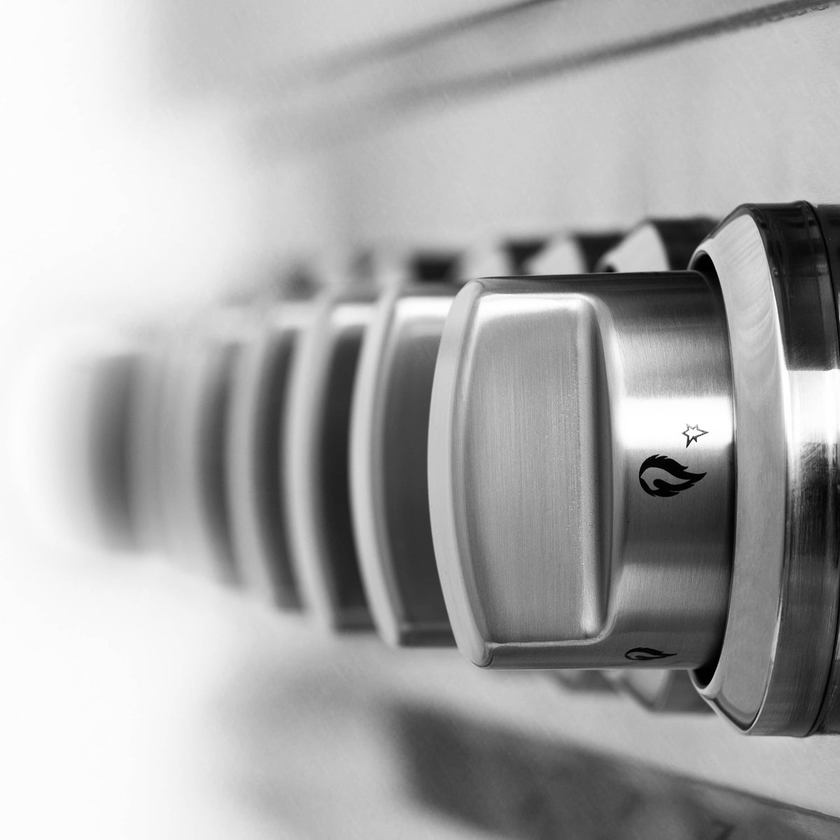 Dual fuel range front control knob with satin stainless finish