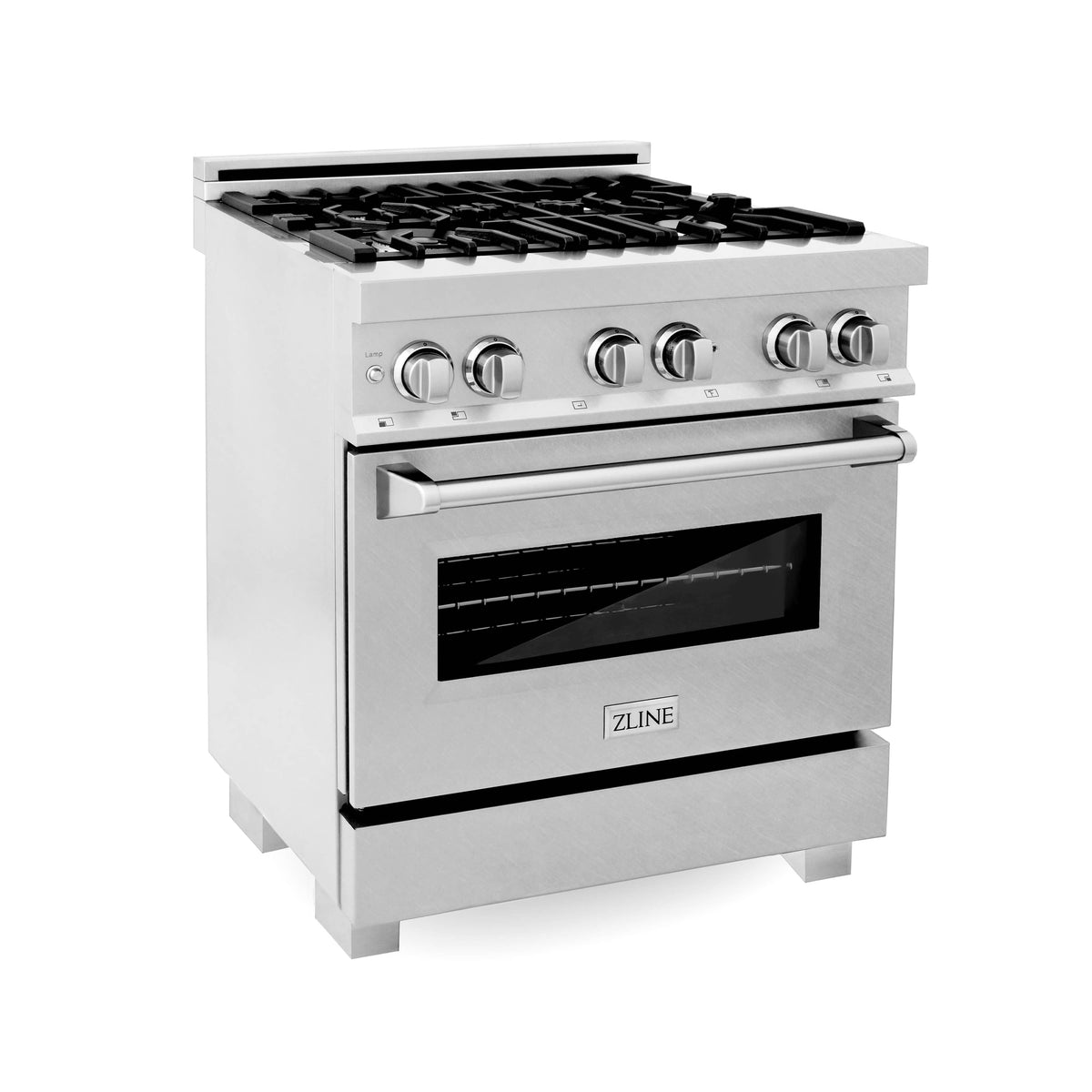 Stainless steel freestanding range with cooktop burners and oven door