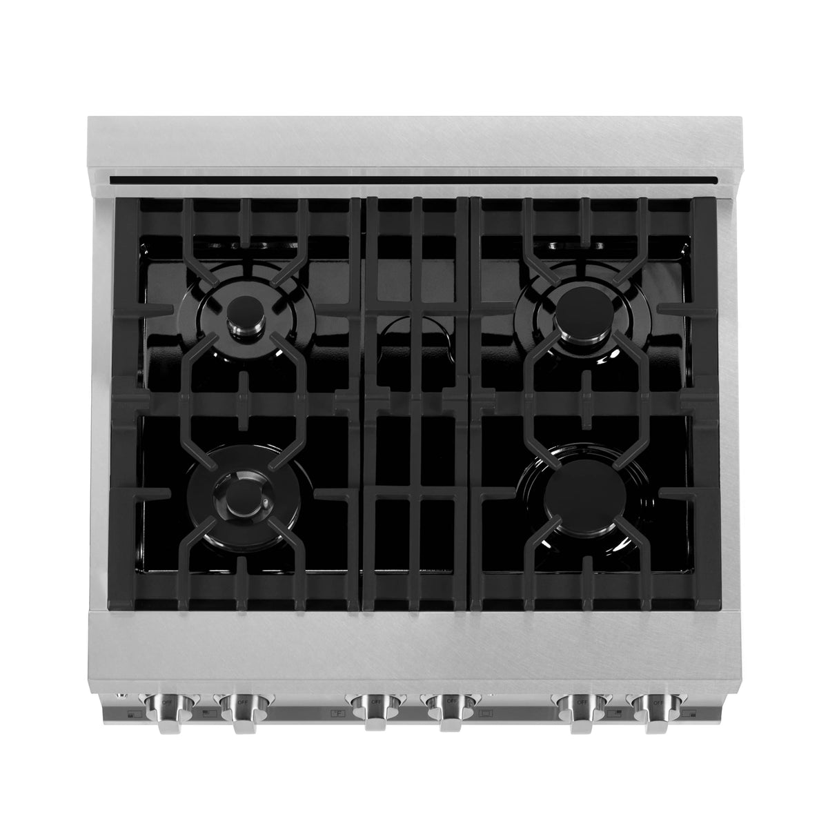 Stainless steel cooktop with four black burner grates