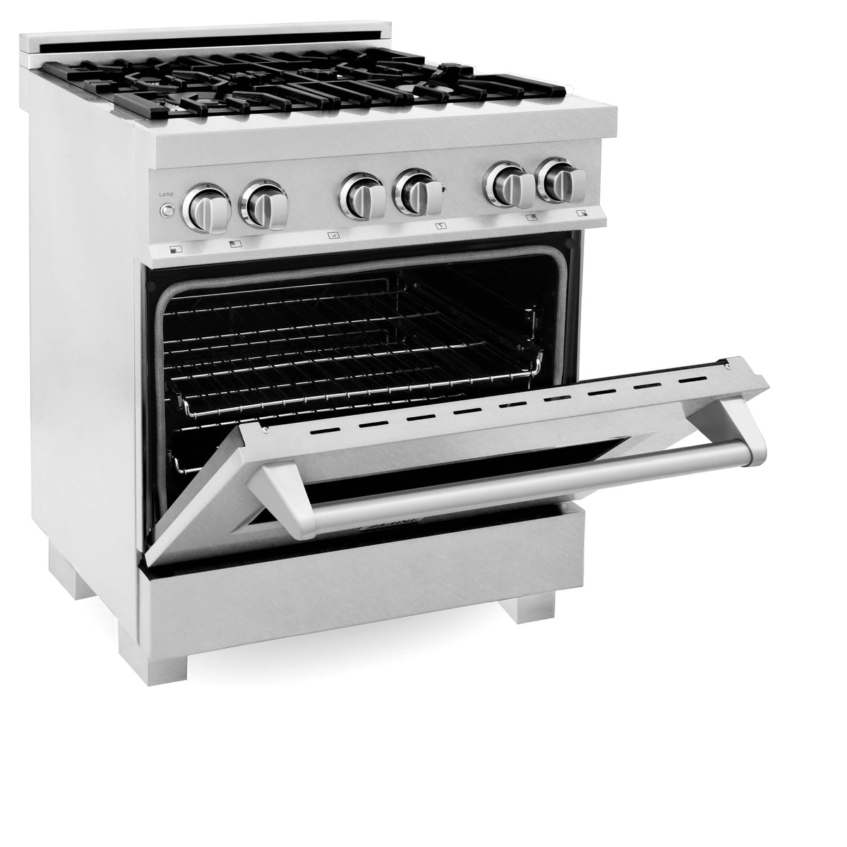 Dual fuel oven with open door and black oven rack inside