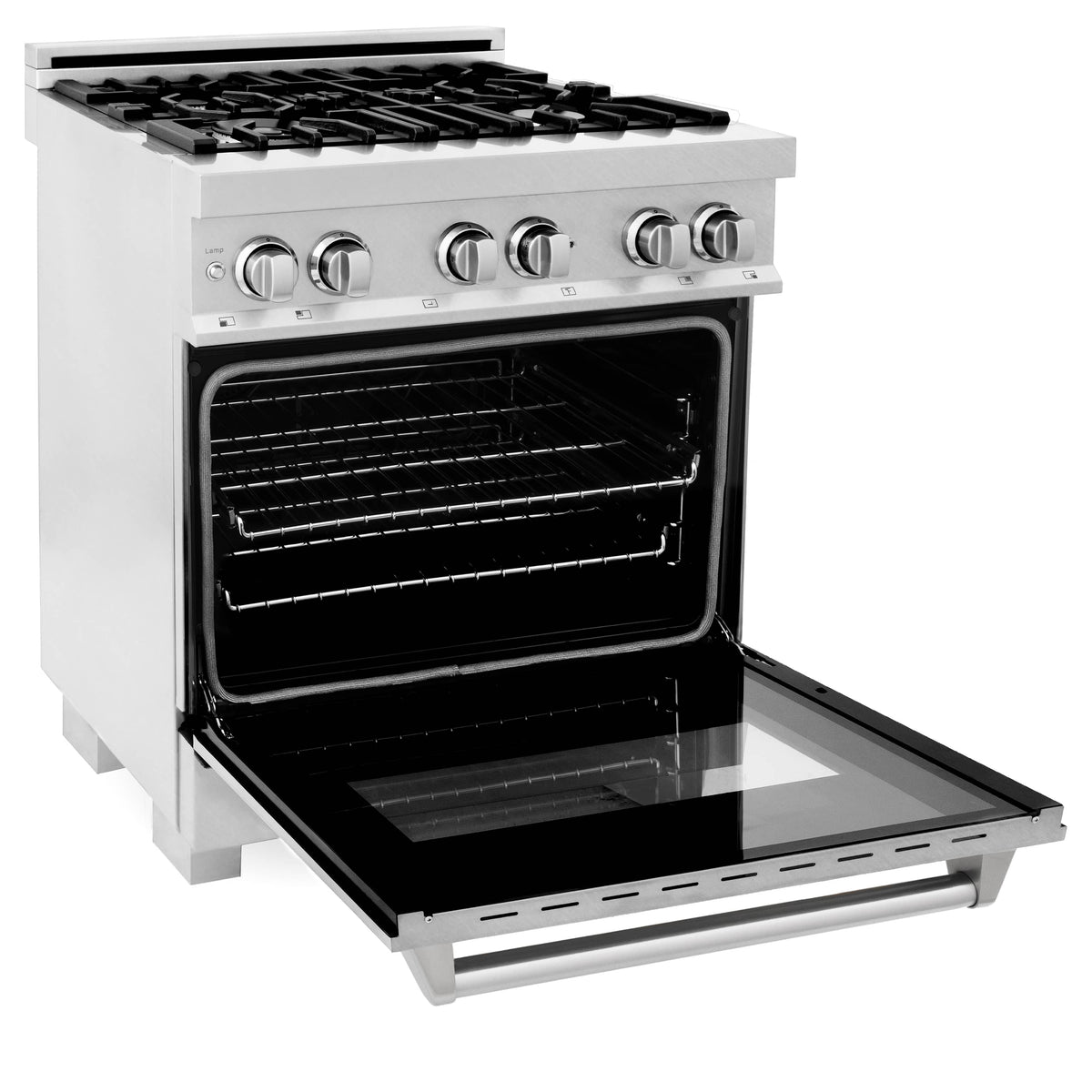 Dual fuel range oven with stainless frame, open door, and black interior racks
