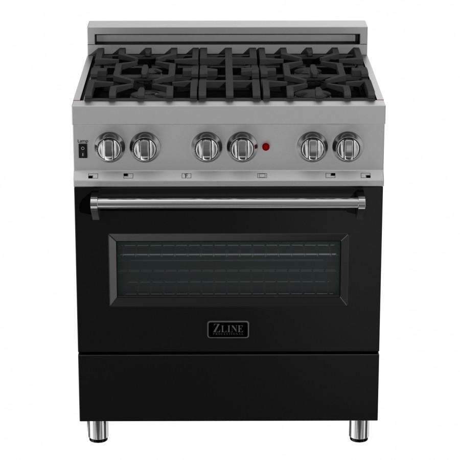 Framed view of dual fuel range with stainless cooktop, burner grates, and black oven door