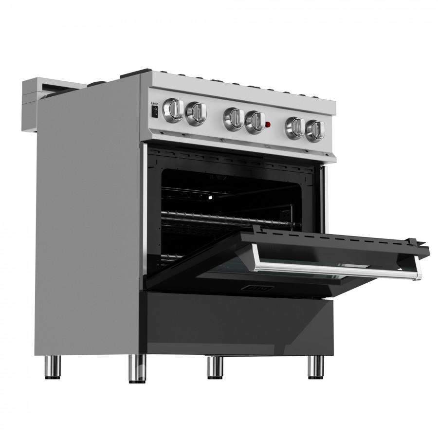 Dual fuel range with open oven door, satin stainless front and black interior
