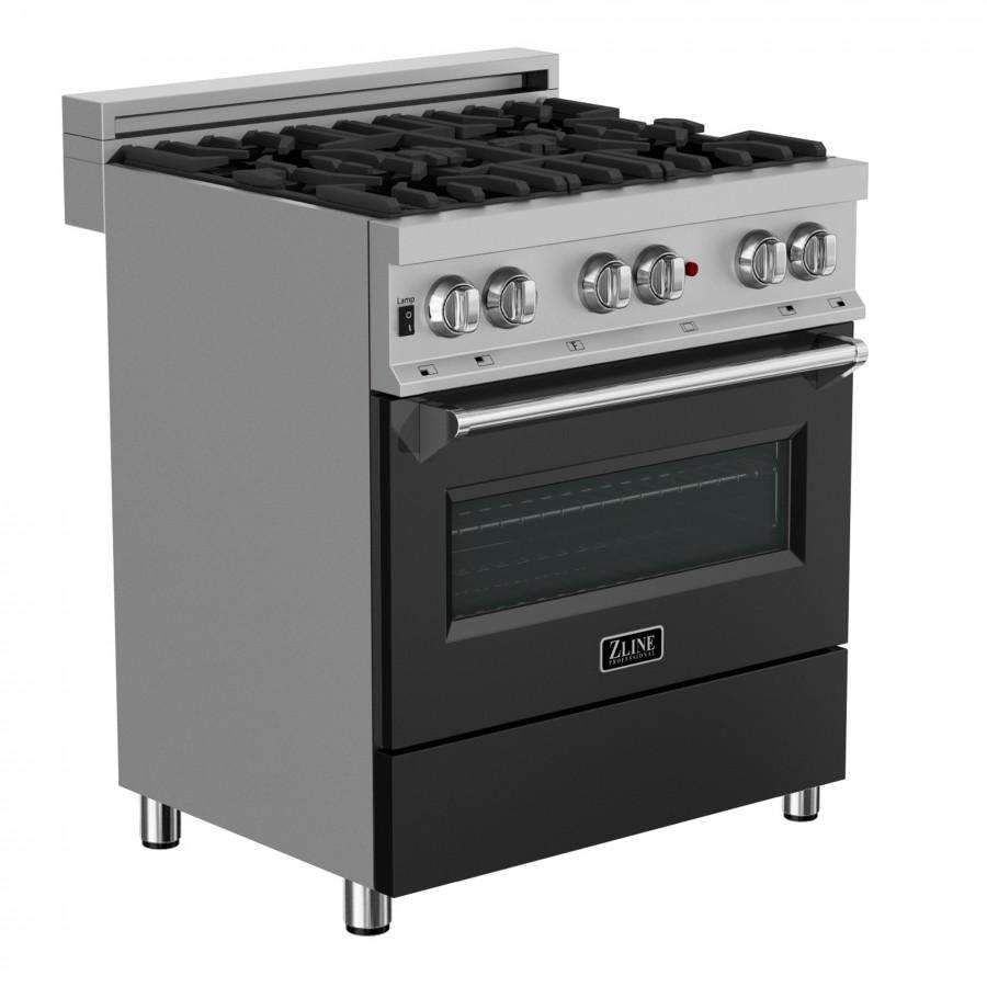 Freestanding dual fuel range with stainless cooktop, black oven door, and front handle