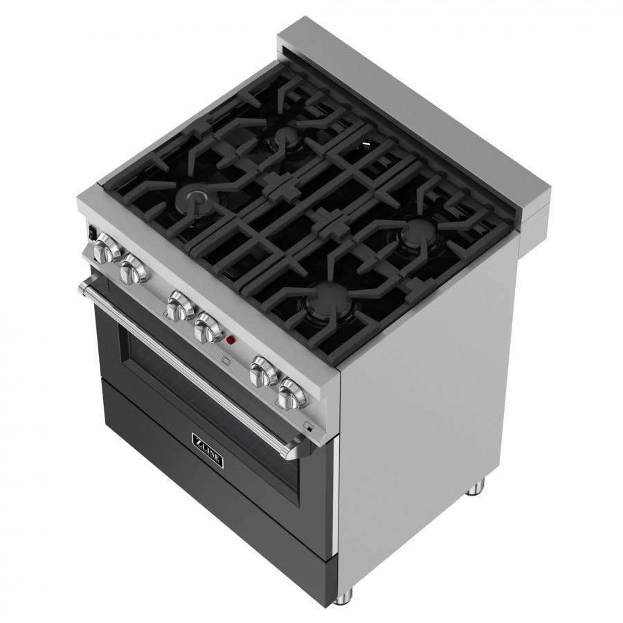 Open-top view of stainless dual fuel range cooktop with burner grates and knobs
