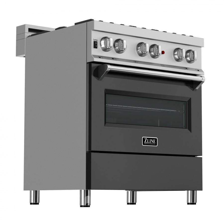 Dual fuel range with stainless steel cooktop, black matte oven door, and control knobs