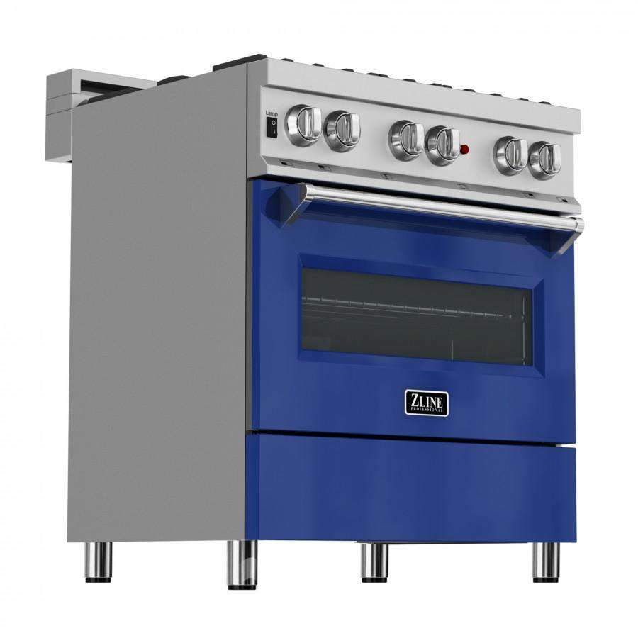 Dual fuel range with stainless steel control knobs and blue oven door with black window
