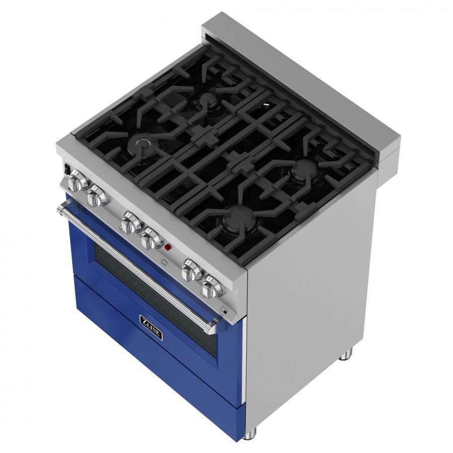 Dual fuel range top view with black grates, stainless burners, and control knobs on blue frame