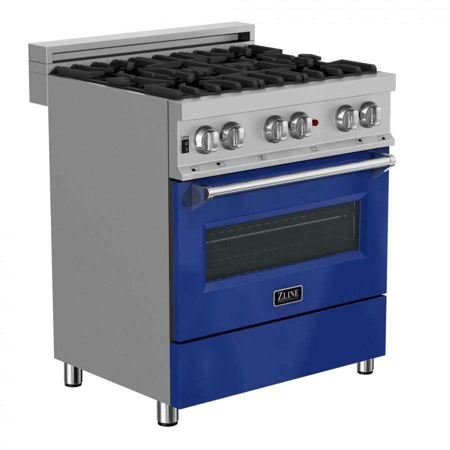 Dual fuel range with black burner grates, stainless control panel, and blue oven door